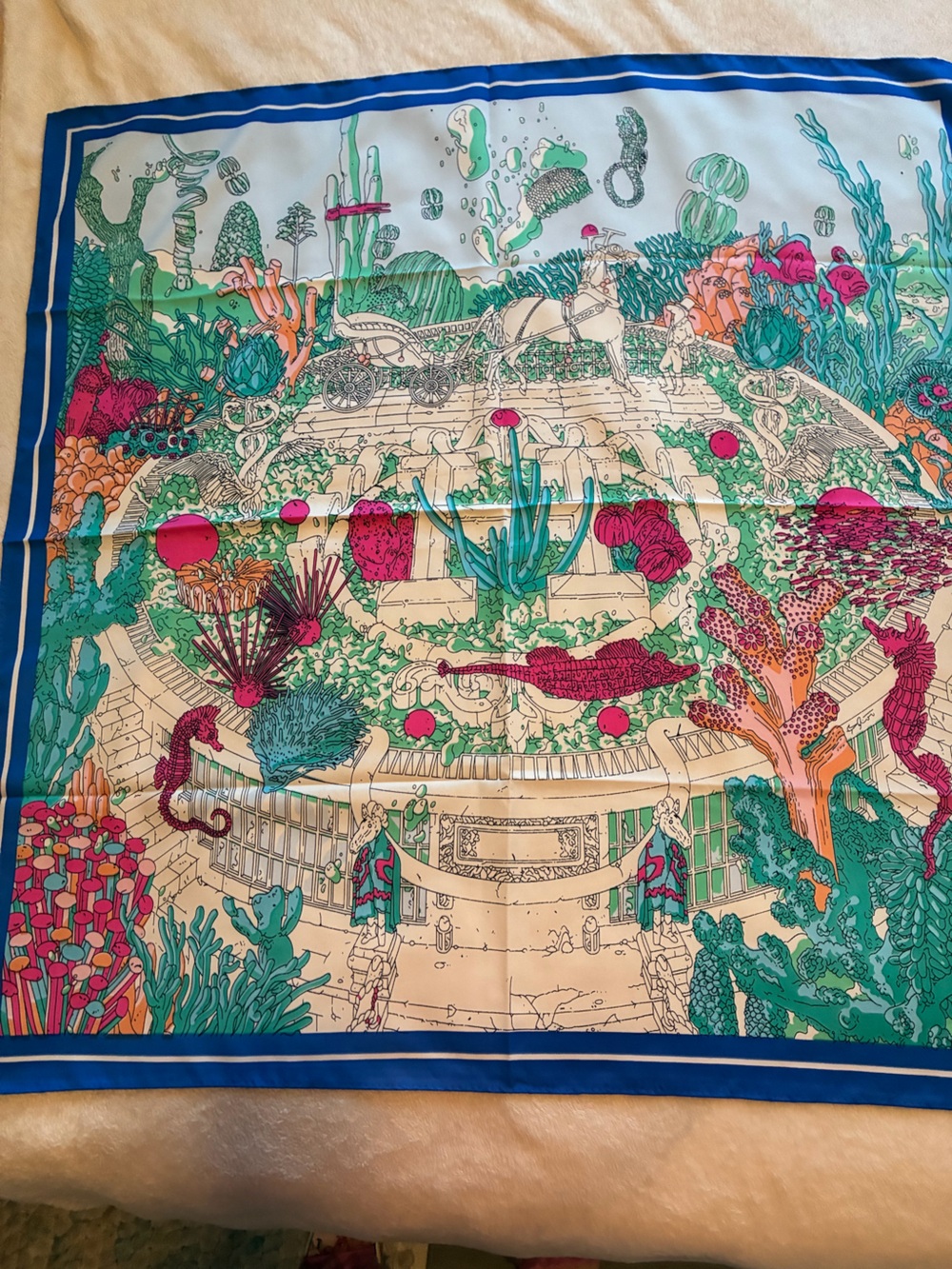 Illustrated Botanical Garden Silk Scarf in Teal & Pink